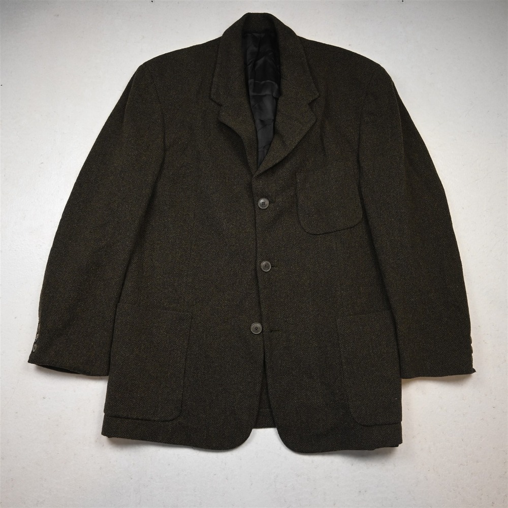 Vtg USA 42L Olive Green Brown Herringbone Wool Tweed Blazer Jacket Sport Coat